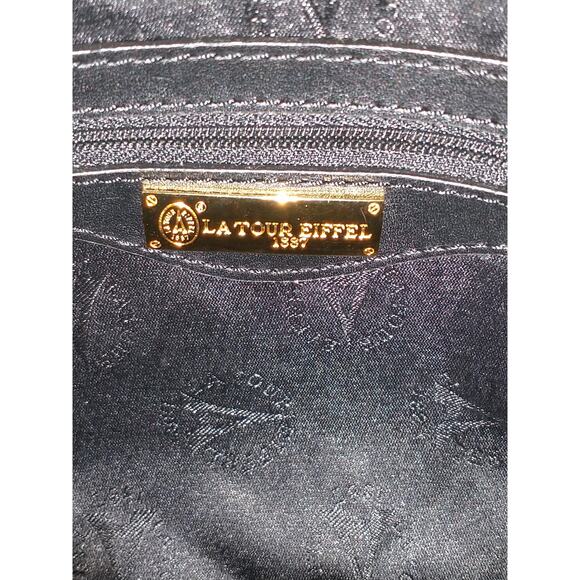 La Tour Eiffel 1887 Black Brown Pebbled Shoulder Bag Handbag Gold Hardware - Picture 13 of 16